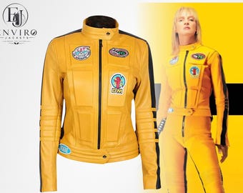 Quentin Tarantino Kill Bill Vol 1 Uma Thurman The Bride Geel Moto Echt Leren Jas, crazy 88 martial arts halloween cosplay kostuum