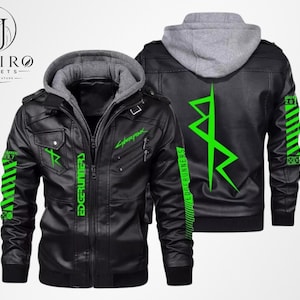 Peut inclure: Veste en cuir noire avec insert &agrave; capuche grise. La veste pr&eacute;sente des graphismes et du texte vert n&eacute;on, dont "Cyberpunk" et "Edgerunners". Les manches ont des rayures vertes. Fermeture &eacute;clair et plusieurs poches.