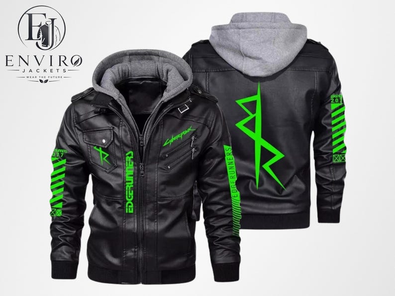 Peut inclure: Veste en cuir noire avec insert &agrave; capuche grise. La veste pr&eacute;sente des graphismes et du texte vert n&eacute;on, dont "Cyberpunk" et "Edgerunners". Les manches ont des rayures vertes. Fermeture &eacute;clair et plusieurs poches.