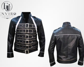 Célèbre tenue de concert Freddie Mercury Queen au stade de Wembley avec ceinture noire en cuir véritable, veste de cosplay de rock star des années 80