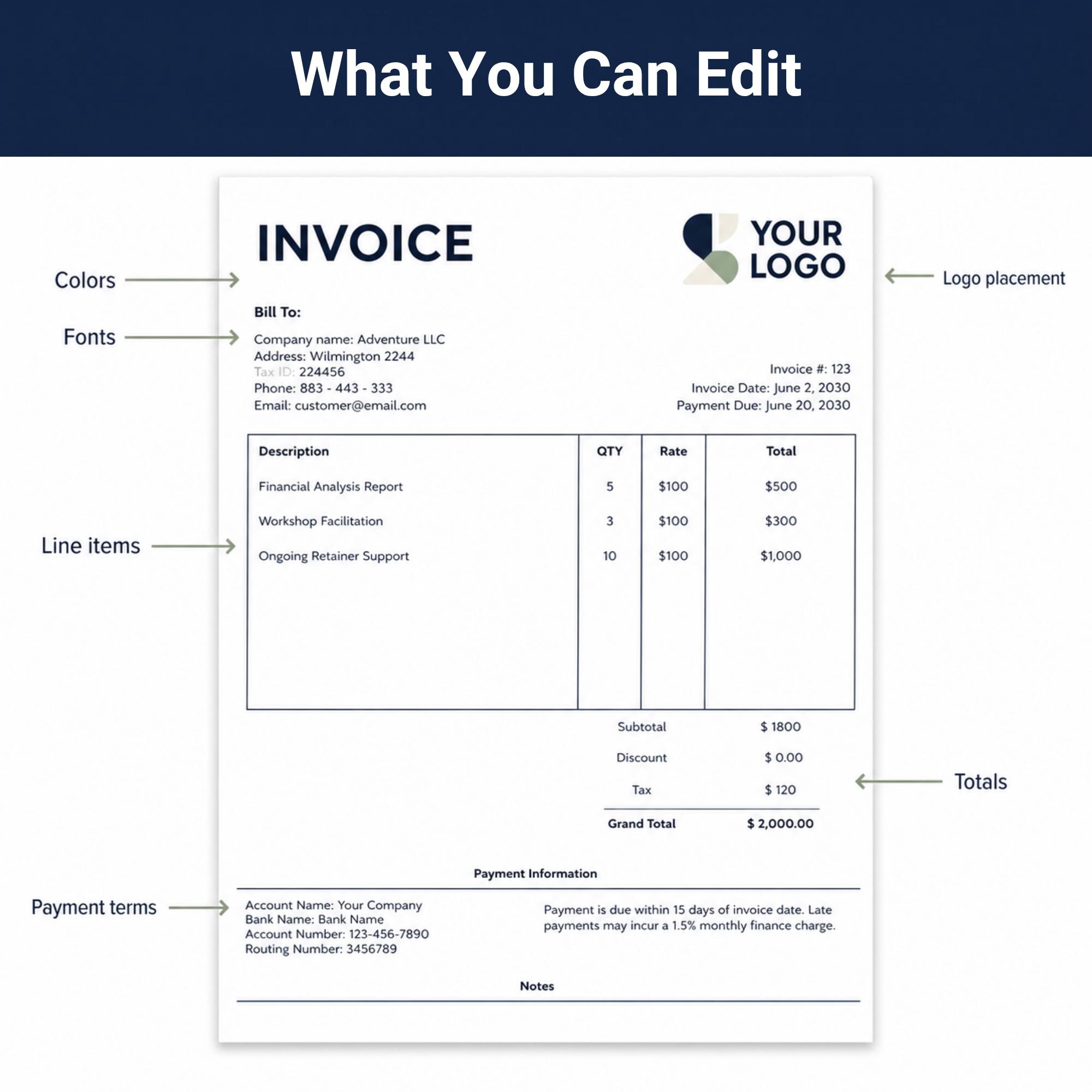 Editable Invoice Template Bundle — 5 Colours | Word, Google Docs, Excel ...