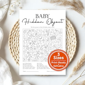 May include: A black and white baby shower game with the text "BABY Hidden Object". The game features a detailed illustration of baby-related items. A circular sticker indicates the game is available in 3 sizes and is print-ready and editable.