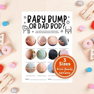 Peut inclure: Une feuille de jeu blanche intitulée Baby Bump or Dad Bod avec du texte noir et des dessins au trait d'un torse enceinte et d'un ventre. Elle présente douze photographies circulaires de divers ventres et un badge orange indiquant 3 Sizes Print-Ready + Editable.