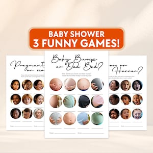 Puede incluir: Tres imprimibles de juegos para baby shower. Los juegos incluyen "¿Embarazada o no?", "¿Baby Bump o Dad Bod?" y "¿Labor o Horror?" Cada juego presenta una serie de imágenes e indicaciones para que los invitados adivinen y anoten puntos. Los juegos están impresos en papel blanco.