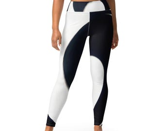Zwart-witte legging met hoge taille en abstracte print – Performance-broek met vierwegstretch
