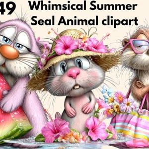 May include: Whimsical summer-themed clipart featuring three cartoon animals. One is pink and holding watermelon, another is gray wearing a straw hat with pink flowers, and the third is brown wearing pink glasses and carrying a striped tote bag. The text "49 Whimsical Summer Seal Animal clipart" is at the top.
