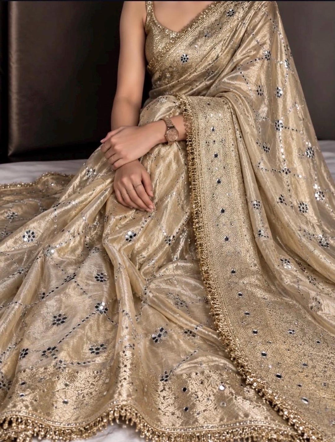 Ivory Banarasi Kora Tissue Silk Saree, Mirror Work, Lace Border ...