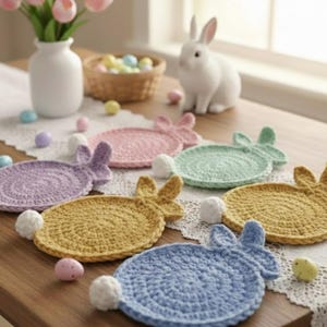 May include: A collection of six colorful, crocheted bunny-shaped coasters in shades of purple, pink, green, yellow, and blue. Each coaster has a round body and bunny ears, with a white pom-pom tail. Easter-themed decor.
