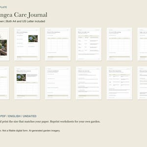 May include: A digital Hydrangea Care Journal printable PDF featuring twelve pages with white backgrounds, black text, and green accents. The pages include sections for plant care, blooming notes, and garden records in A4 and US Letter sizes.