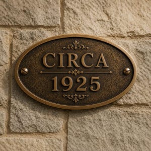 Puede incluir: Una placa ovalada de metal color bronce con un acabado texturizado en marrón oscuro. La placa presenta el texto en relieve "CIRCA" sobre el año "1925", separados por una línea horizontal con adornos decorativos. Dos tornillos fijan la placa.