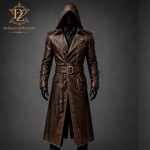 Handgjord trenchcoat med huva i läder för män | Svart gotisk långjacka | Cyberpunk-kappa