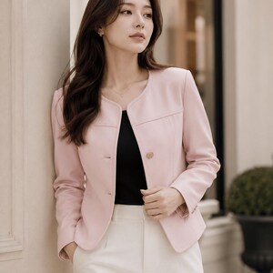 Rosa läderkavaj för kvinnor – Minimalistisk kragelös jacka i koreansk stil