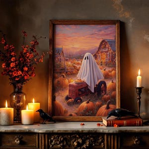May include: A framed rectangular print depicting a white ghost sitting on a red tractor in a pumpkin patch at sunset, with a barn in the background. The artwork is displayed alongside a glass vase with orange flowers, four lit candles, and two black crow figurines.