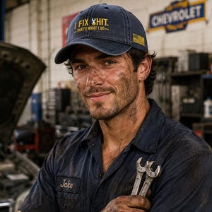 Pode incluir: Um mecânico usando um boné azul marinho com o texto "I FIX SHIT. THAT'S WHAT I DO." e um pequeno patch da bandeira americana. Ele está segurando duas chaves e usando uma camisa de trabalho azul marinho com o nome "Jake" bordado.