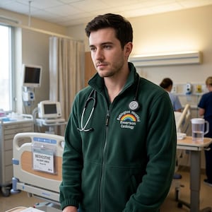 Puede incluir: Chaqueta polar verde oscuro con cremallera, con el logotipo del Hospital Babington con un arcoíris y las palabras "Emerson Cardiology". Un estetoscopio cuelga del cuello. El entorno es una habitación de hospital.