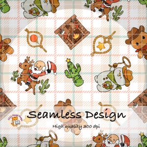 Motif sans couture Kawaii Western Noël, papier numérique festif cowboy, motif tissu champêtre, téléchargement instantané PNG pour sublimation et loisirs créatifs