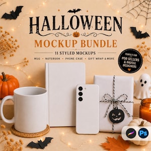 May include: A Halloween mockup bundle featuring a white mug, a white notebook, a white phone case, and a white gift-wrapped box with black and white twine. The text reads HALLOWEEN MOCKUP BUNDLE, 11 STYLED MOCKUPS, MUG, NOTEBOOK, PHONE CASE, GIFT WRAP & MORE.