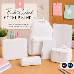 Könnte beinhalten: Ein weißes 'Back to School Mockup Bundle' mit Rucksack, Notizbuch, Federmäppchen, Kosmetiktasche, Ordner und Laptoptasche. Der Text 'Back to School Mockup Bundle' und '6 High Resolution Mockups' ist im Bild enthalten.