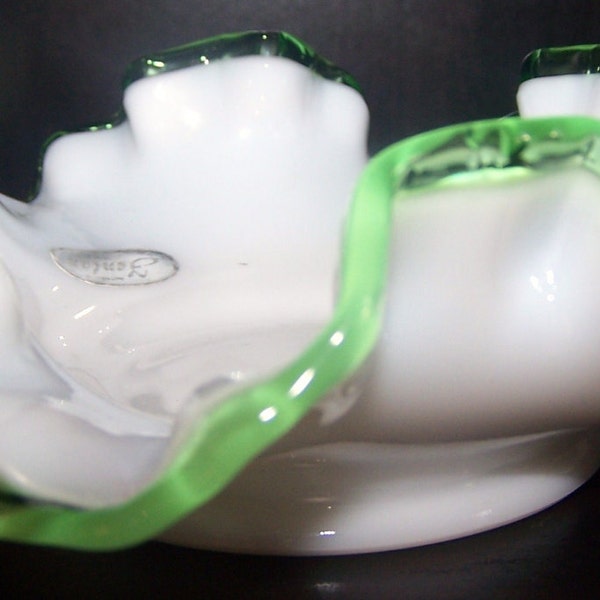 FENTON Emerald Crest Ruffled Milk Glass BonBon Dish
