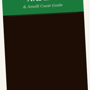 Puede incluir: Una guía de viaje titulada "NAPLES & Amalfi Coast Guide". La parte superior es verde con texto blanco, y la inferior es marrón oscuro. La guía es una descarga instantánea en PDF de ViaggioBello.