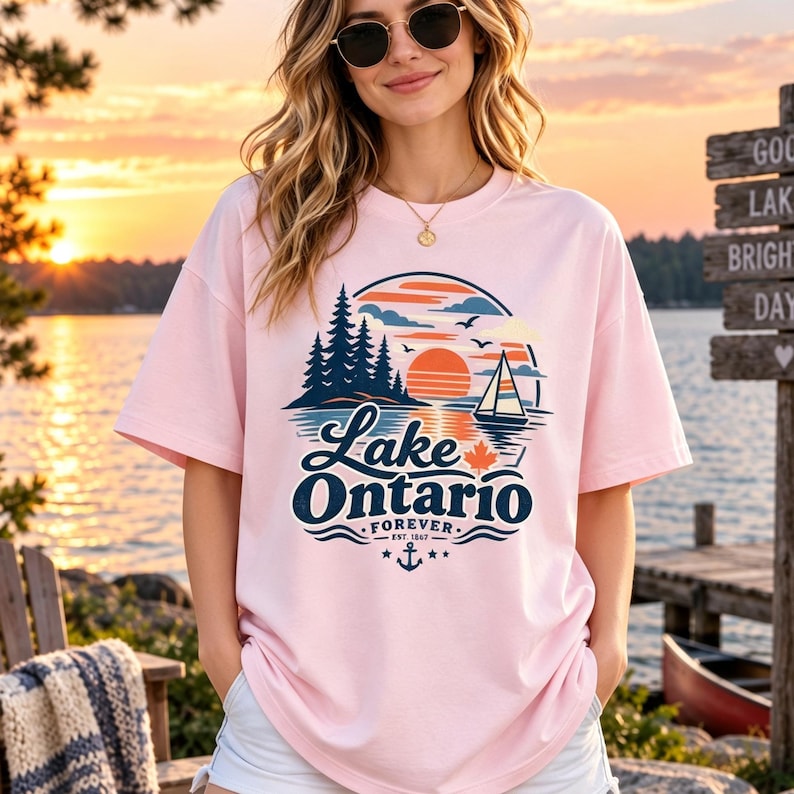 May include: A light pink short-sleeve t-shirt featuring a graphic print of a sunset over Lake Ontario with pine trees, a sailboat, and a maple leaf. The text reads Lake Ontario Forever Est. 1867 with an anchor icon and stars below the design.