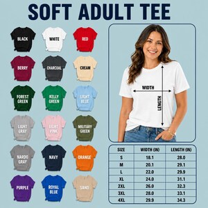 May include: A collection of short-sleeved t-shirts in eighteen colors including black, white, red, berry, charcoal, cream, forest green, kelly green, light blue, light gray, light pink, military green, nardo gray, navy, orange, purple, royal blue, and sand.