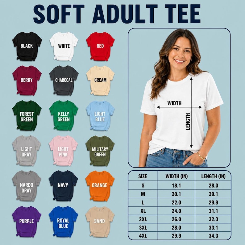 May include: A collection of short-sleeved t-shirts in eighteen colors including black, white, red, berry, charcoal, cream, forest green, kelly green, light blue, light gray, light pink, military green, nardo gray, navy, orange, purple, royal blue, and sand.