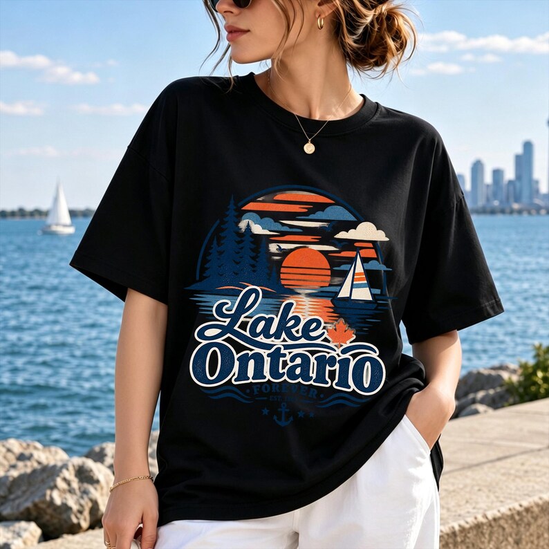 May include: A black short-sleeved t-shirt featuring a graphic print of a sunset over water with a sailboat, pine trees, and a maple leaf. The text reads Lake Ontario with the word Forever and an anchor symbol below the main lettering.