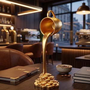 Peut inclure: Une sculpture dorée représentant une tasse à café d'où s'écoule un liquide vers une pile de pièces. La sculpture est posée sur une table en bois sombre dans un café. Un menu et des grains de café sont également visibles.