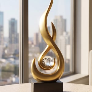 Op de afbeelding: Een goudkleurige abstracte sculptuur met een heldere glazen bol in het midden, geplaatst op een zwarte rechthoekige basis. De sculptuur heeft een vloeiend, vlamachtig ontwerp. Op de achtergrond is een stadsgezicht te zien.