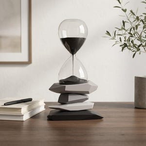 May include: A clear glass hourglass with black sand sits atop a stack of gray, light gray, and black geometric-shaped stones. The hourglass is a decorative item, likely for a desk or shelf.