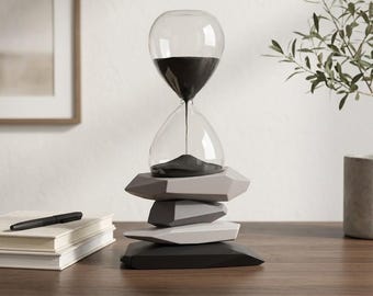 Modern zandloperdecor, minimalistisch bureauaccessoire, zenzandtimer, eigentijds kantoorcadeau