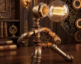 Steampunk robot tafellamp, industriële pijpverlichting, vintage Edison lamp decor, rustieke mechanische bureaulamp, uniek thuiskantoor accent