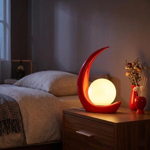 May include: A red crescent-shaped table lamp with a glowing spherical light. The lamp sits on a wooden nightstand next to two red vases with dried flowers. The bedroom has a bed with a gray comforter.