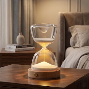 May include: A clear glass hourglass with white sand, set on a wooden base. The hourglass is illuminated from within, creating a warm glow. The base has a small, round, gold-colored button. The hourglass is on a dark wooden table.