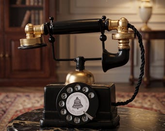 Vintage roterende telefoonsculptuur, zwartgouden afwerking, retro bureauaccessoire, Victoriaans kantoordecor