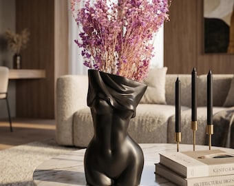 Abstracte vrouwelijke lichaamsvaas, moderne zwarte bloemenhouder met sculptuur, artistiek interieur