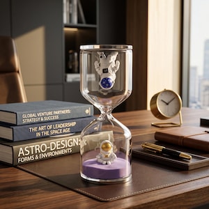 May include: A clear glass hourglass with a silver rim and purple sand. Inside, astronaut figurines float. The hourglass sits on a brown desk with books and a gold clock. The books read "GLOBAL VENTURE PARTNERS: STRATEGY & SUCCESS" and "THE ART OF LEADERSHIP IN THE SPACE AGE".