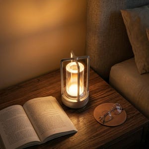 May include: A lit, cylindrical lamp with a clear glass shade and a silver metal frame sits on a wooden nightstand. An open book and a pair of glasses on a brown coaster are also on the table. The lamp emits a warm, inviting glow.