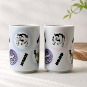 Rare Vintage 1980s Japanese Sumo Yunomi Tea Cups Set of 2, Official Ceramic Collectible, Unused Display Item