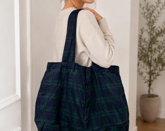 Upcycled Plaid Mom Bag, Large Tartan Shoulder Tote, Handmade from 4XL Slacks, One of a Kind Mother's Bag