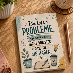 Può includere: Un taccuino rettangolare con copertina color crema che riporta il testo in tedesco Ich löse PROBLEME, VON DENEN ANDERE NICHT WUSSTEN, DASS SIE SIE HABEN. La copertina include illustrazioni di una pianta in vaso, un blocco note con penna, una tazza e una lampadina.