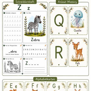Peut inclure: Ensemble éducatif imprimable comprenant une fiche d'écriture pour la lettre Z avec un zèbre, des cartes mémoire Anlaut pour les lettres Q et R avec une méduse et un faon, et des cartes alphabet pour E, F, G et H avec des illustrations d'animaux.