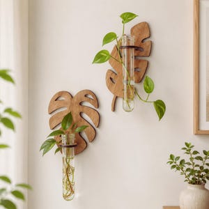 Puede incluir: Dos estaciones de propagación de plantas montadas en la pared con soportes de madera cortados con láser en forma de hoja de monstera. Cada pieza incluye un tubo de ensayo de vidrio transparente sujeto por un anillo de madera oscura.
