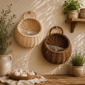 May include: Two woven wicker wall baskets, one light beige and one dark brown, each with a handle and a clear plastic liner. They are mounted on a light beige wall. The baskets are empty and ready to be filled with plants or other items.