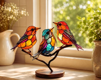 Gebrandschilderd glas vogel decor kleurrijke acryl vogel sculptuur voor raam plank bureau natuurliefhebber cadeau