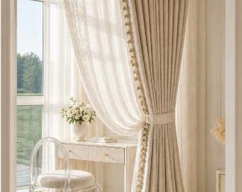 Tuscan Ivory Jacquard Curtains with Gold Trim | European Villa Drapes | Soft Neutral Cream Curtains | Free Delivery
