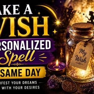 Puede incluir: Un frasco de vidrio transparente con tapón de corcho y una etiqueta de papel color canela con la inscripción My Wish, iluminado desde el interior con un brillo cálido. El texto dice MAKE A WISH PERSONALIZED Spell SAME DAY MANIFEST YOUR DREAMS.