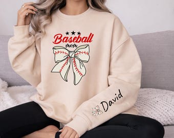 Felpa personalizzata per la mamma di un giocatore di baseball, felpa con cappuccio personalizzata con nome, felpa girocollo sportiva con fiocco da baseball, pullover per il giorno della partita, felpa Coquette per una mamma orgogliosa