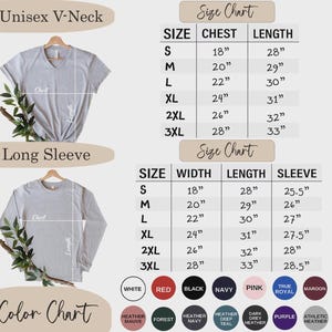 May include: A product image featuring a gray unisex V-neck t-shirt and a long-sleeve shirt. Size charts display chest, length, width, and sleeve measurements in inches. A color chart shows available colors like white, red, and black.